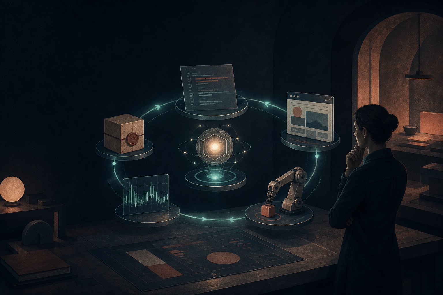 A human reviewer inspects a luminous loop connecting a code diff, browser preview, sealed deployment artifact, telemetry graph, and robot arm around an agent core.