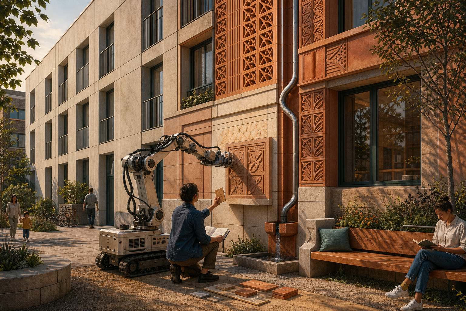 A construction robot adds patterned terracotta ornament to an affordable apartment courtyard while a designer guides the work with a material sample.